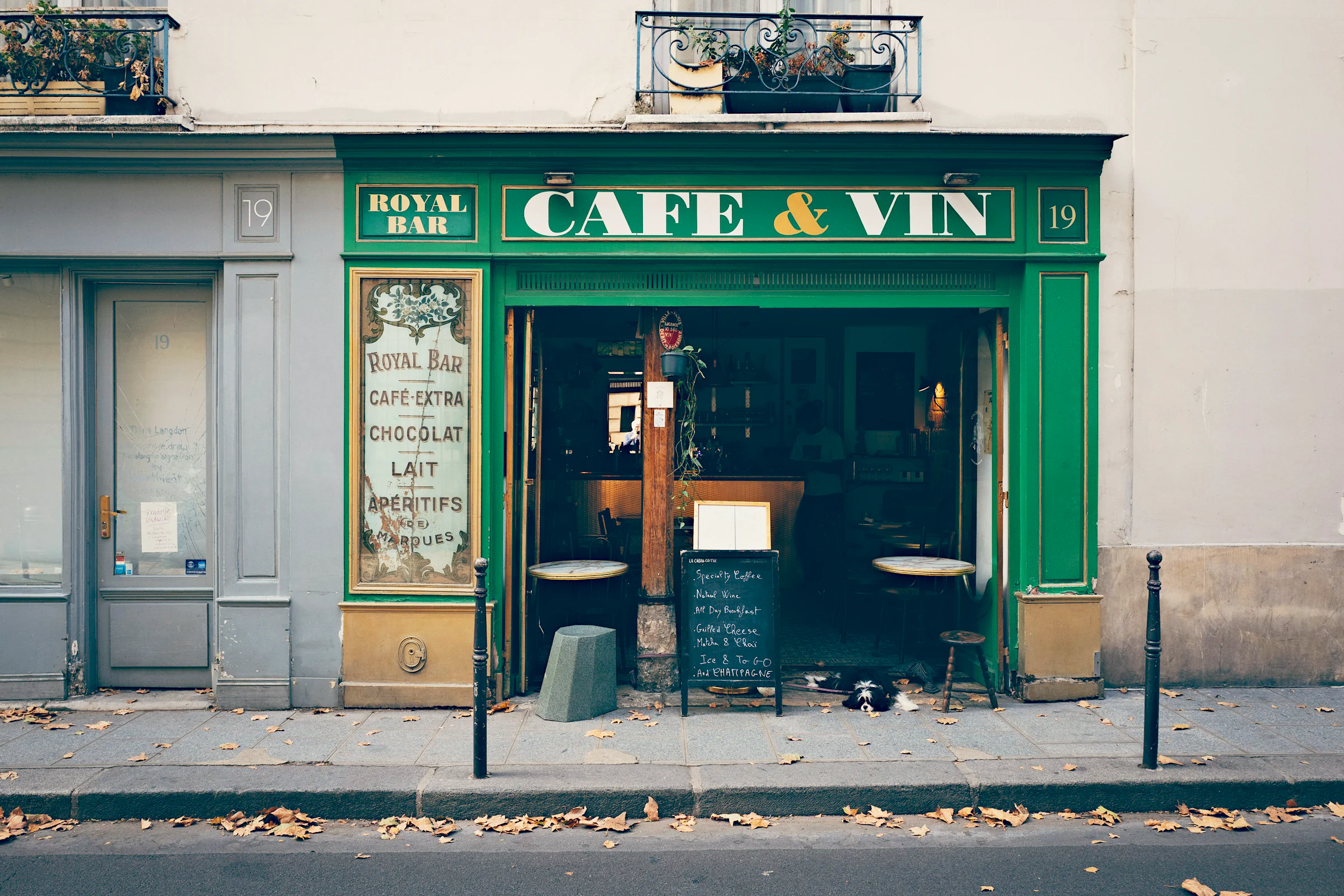 A green café front on a quiet street, developed in NOISO. with the Cinema look.